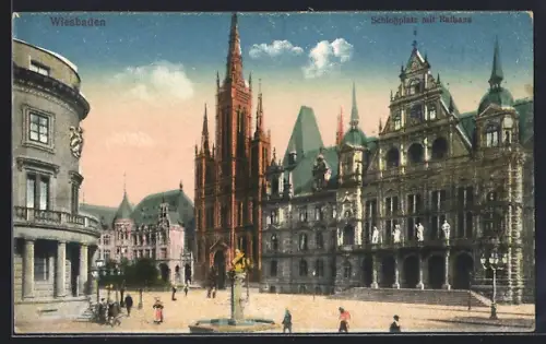 AK Wiesbaden, Schlossplatz mit Rathaus
