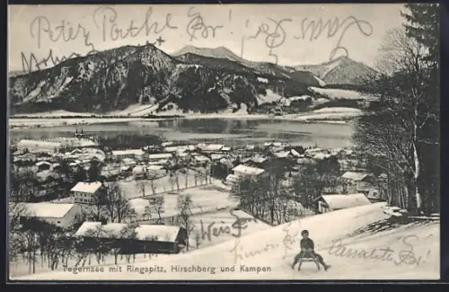 AK Tegernsee, Ortsansicht mit Ringspitz, Hirschberg und Kampen