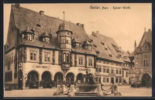 AK Goslar /Harz, Hotel Kaiser-Worth mit Brunnen