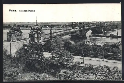 AK Mainz, Strassenbrücke mit Dampfer