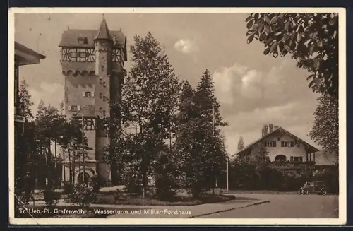 AK Grafenwöhr, Blick auf Wasserturm und Militär-Forsthaus