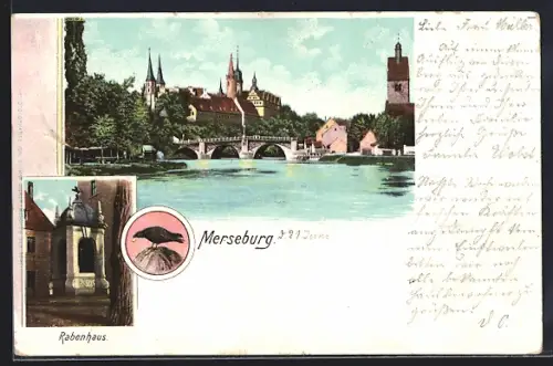 AK Merseburg, Panorama mit Brücke von der Saale aus, das Rabenhaus