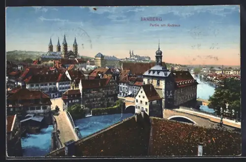 AK Bamberg, Rathaus, Blick über die Dächer der Stadt