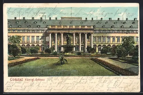 Lithographie Coblenz, Königliches Schloss mit Brunnen