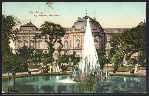 AK Würzburg, Die königliche Residenz, Gartenseite mit Springbrunnen