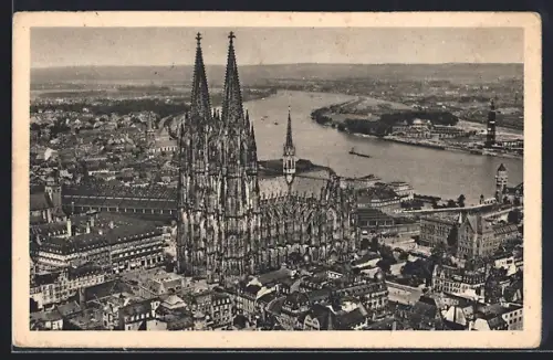 AK Köln, Der Kölner Dom, Flugzeugaufnahme mit Pressa