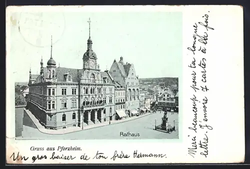 AK Pforzheim, Rathaus mit Denkmal