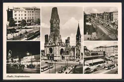 AK Berlin-Charlottenburg, Kurfürstendamm, Kaiser-Wilhelm-Gedächtniskirche, Strassenbahn, Nachtansicht
