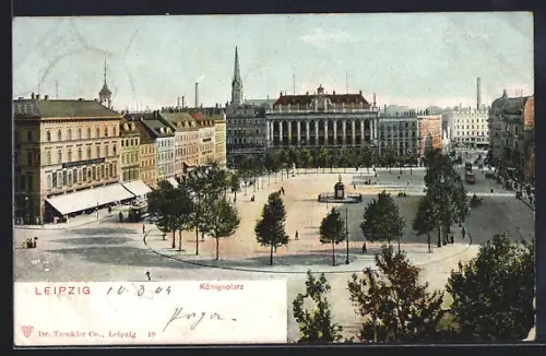 AK Leipzig, Königsplatz mit Geschäften und Denkmal, Strassenbahn
