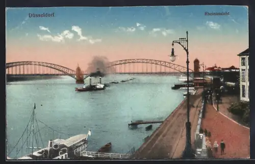 AK Düsseldorf, Rheinansicht mit Brücke und Schiffen