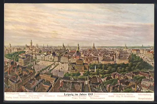 Künstler-AK Leipzig, Reichsgericht, Rathaus, Universität, Hauptpost und Neues Theater im Jahre 1913