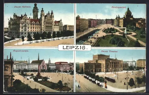 AK Leipzig, Reichsgericht, Neues Theater mit Strassenbahn, Augustusplatz