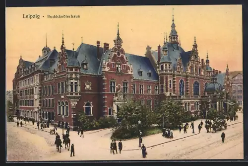 AK Leipzig, Buchhändlerhaus mit Strassenpartie