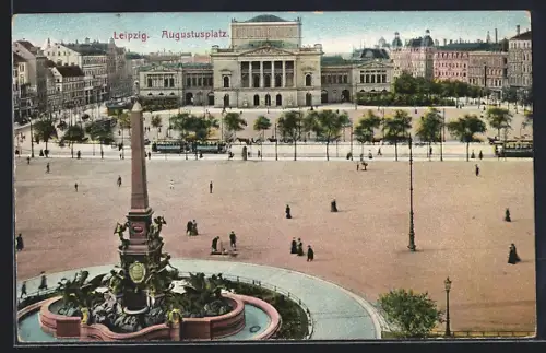 AK Leipzig, Augustusplatz mit Brunnen und Strassenbahn