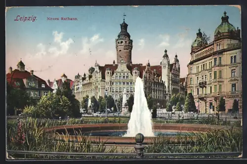 AK Leipzig, Neues Rathaus mit Brunnen