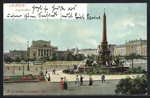 AK Leipzig, Passanten am Brunnen auf dem Augustusplatz