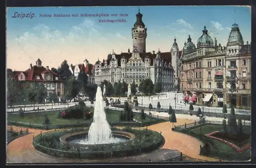 AK Leipzig, Neues Rathaus mit Schmuckplatz vor dem Reichsgericht, Brunnen