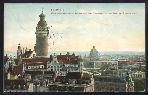 AK Leipzig, Blick nach dem neuen Rathaus und dem Reichsgericht vom Turm der Thomaskirche