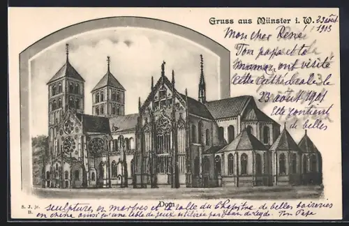 Künstler-AK Münster i. W., Dom mit Strassenpartie