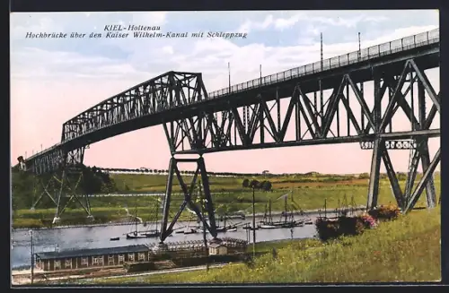 AK Kiel-Holtenau, Hochbrücke über den Kaiser Wilhelm-Kanal mit Schleppzug