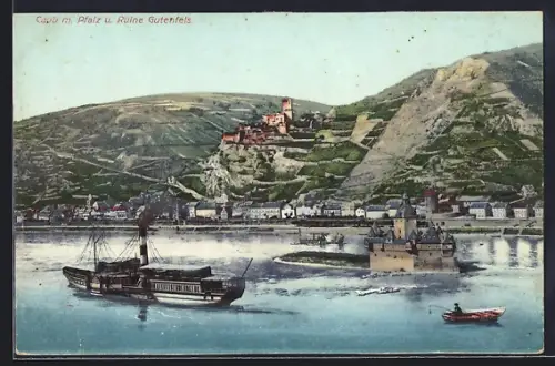 AK Caub, Ortsansicht mit Pfalz, Ruine Gutenfels und Dampfer