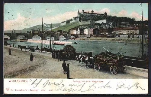 AK Würzburg, Festung mit alter Mainbrücke, Segelboote, Karren, Leute