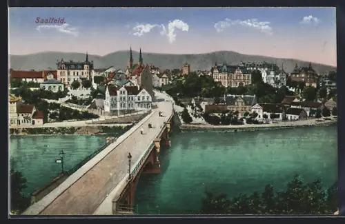 AK Saalfeld / Thür., Blick auf Brücke und Stadt mit Kirchtürmen