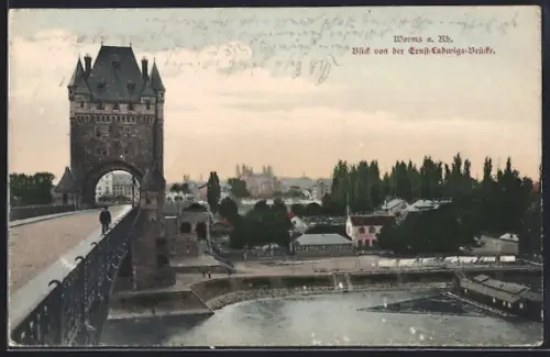 AK Worms a. Rh., Blick von der Ernst-Ludwigs-Brücke