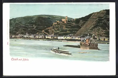 AK Caub, Ortsansicht mit Pfalz und Dampfer