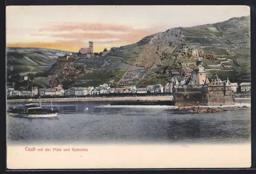 AK Caub, Ortsansicht mit der Pfalz und Gutenfels