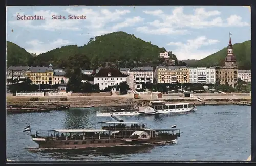 AK Schandau, Dampfer Karlsbad, Hotel Engel am Elbufer