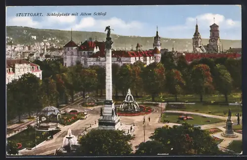 AK Stuttgart, Schlossplatz mit Altem Schloss und Säule
