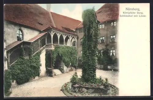 AK Nürnberg, Königliche Burg, Schlosshof mit Linde