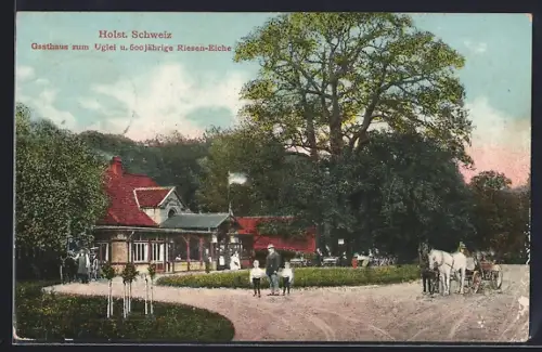 AK Eutin, Gasthaus zum Uglei und 600 jährige Riesen-Eiche, Kutschen, Kinder