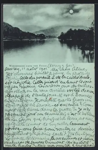 Mondschein-AK Windermere, View from the Ferry
