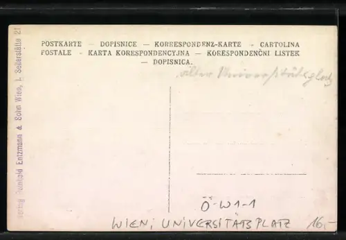 Foto-AK Wien, Universitätsplatz, Geschäft mit Reklameschildern