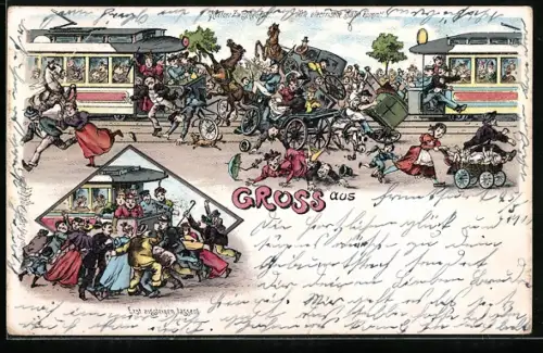 Lithographie Verkehrschaos mit Strassenbahnen