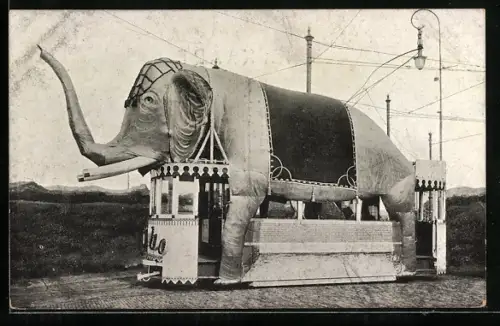 AK Strassenbahn mit Elefanten-Festschmuck