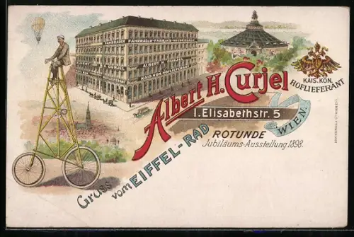 Lithographie Wien, Jubiläums-Ausstellung Rotunde, Albert H. Curjel, Eiffel-Rad