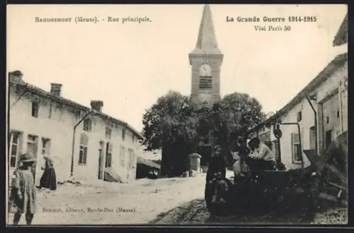 AK Baudremont /Meuse, Rue principale avec église et villageois en 1914-1915