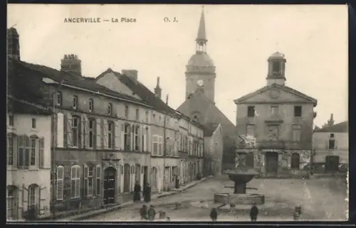 AK Ancerville, La Place avec fontaine et église en arrière-plan