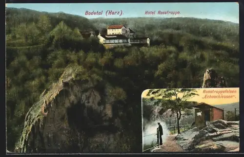 AK Bodetal /Harz, Hotel Rosstrappe, Rosstrappefelsen