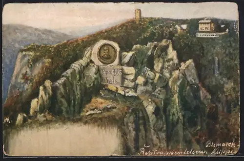 Künstler-AK Thale, Bismarck-Klippe, Rosstrappenfelsen