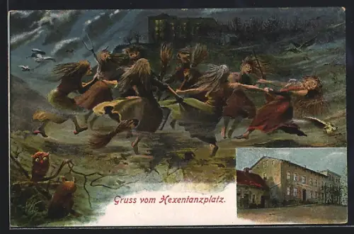 Künstler-AK Thale, Hexentanzplatz, Gasthaus, Sage