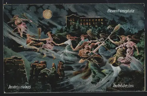 Künstler-AK Thale, Hexentanzplatz, Teufelsschloss, Teufelsbecken