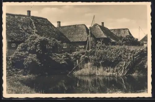 AK Hallig Hooge, Reetgedeckte Häuser am Wasser