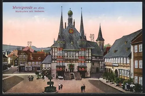 AK Wernigerode am Harz, Marktplatz mit Rathaus