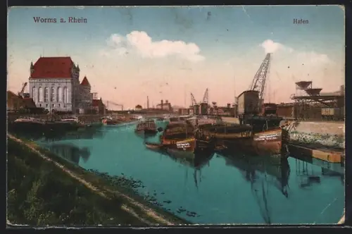AK Worms a. Rhein, Hafenpartie