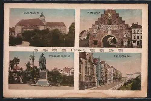 AK Flensburg, Gymnasium, Nordertor, Wrangeldenkmal, Tosbystrasse