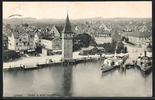 AK Lindau / Bodensee, Hafen und alter Leuchtturm